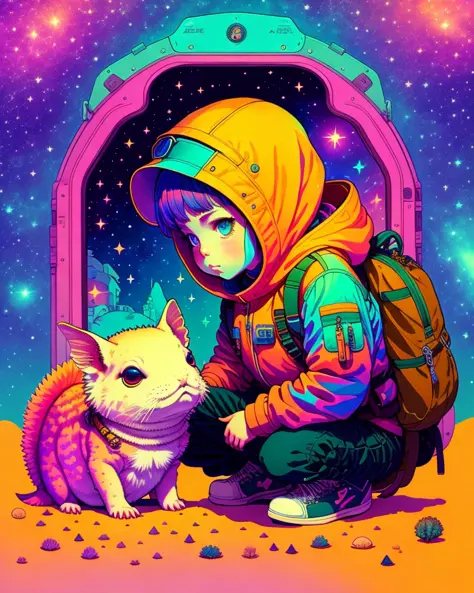 photo of  a explorer with an axolotl as a pet inside the space with a psychedelic backgroun, style of laurie greasley, studio ghibli, akira toriyama, james gilleard, genshin impact, trending pixiv fanbox, acrylic palette knife, 4k, vibrant colors, devinart, trending on artstation, low details