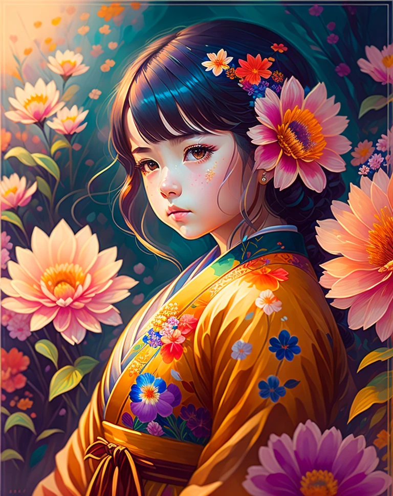 一幅高度细致的色彩艳丽的日本女孩花朵画 ,, artstation 上的热门, 清晰聚焦, 工作室照片, 复杂的细节, 非常详细, 作者：格雷格·鲁特科斯基