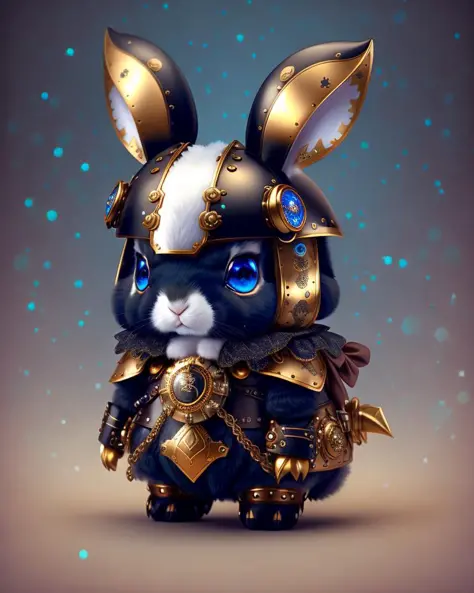Cute bunny, shiny armor, style steampunk, ram-rabbit, 2 small broken ears, big blue eyes, black little ears, one black eye