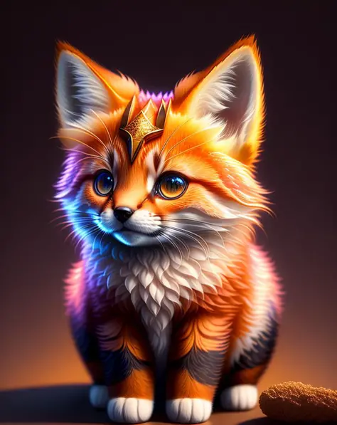 Little cute fluffy cuteness kitten character, fox, sunny magical background, ultra precious details, intricate details, volumetr...