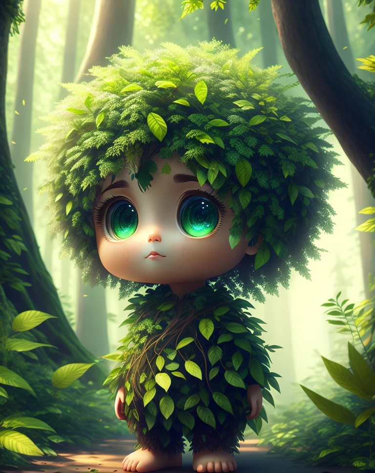 Stellen Sie sich einen Menschen vor, aus dessen Körper Blätter wachsen, als würden sie eins mit dem Wald. Ihre Gliedmaßen und ihr Rumpf sind mit üppigem Grün bedeckt, und ihr Haar besteht aus Zweigen und Blättern. Die Umgebung ist dicht, nebliger Wald, und das Gesamtgefühl ist eines der Harmonie und Verbundenheit mit der Natur, perfekte Augen, Perfektes Gesicht, süße große runde reflektierende Augen, Pixar-Rendering, Unreal Engine, filmisch glatt, komplizierte Details
