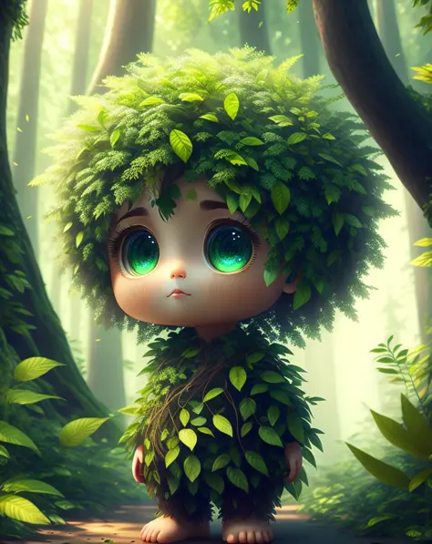 Imagine a human with leaves growing out of their body, as if they are becoming one with the forest. Their limbs and torso are covered in lush greenery, and their hair is made of branches and leaves. The setting is a dense, misty forest, and the overall fee...