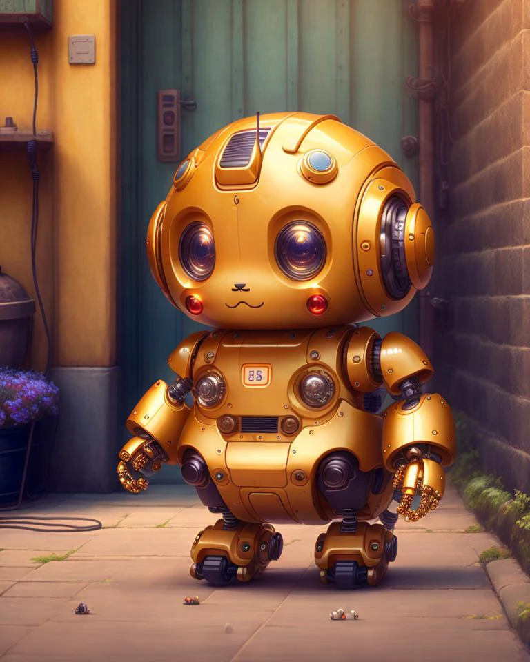 귀여운 작은 코를 가진 사랑스러운 귀여운 로봇, 강인한 팔, 그리고 어디를 가든 기쁨을 가져다주는 발걸음의 건너뛰기, 아테이 가일란 스타일로