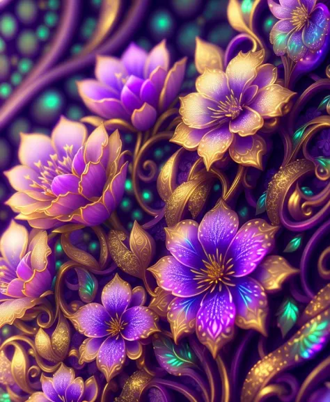 ornate pattern and abstract flowers and vines, gold and iridescent, Southern lights, purple, teal, soft pink, intricate pattern, maya render, maximum detail, UHD, 32k photorealistic, HDR, High octane render