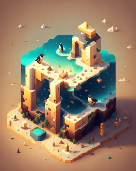 cubic penguin finding a treasure chest on a puzzle map, trending on artstation, monument valley, level design, low poly, isometr...