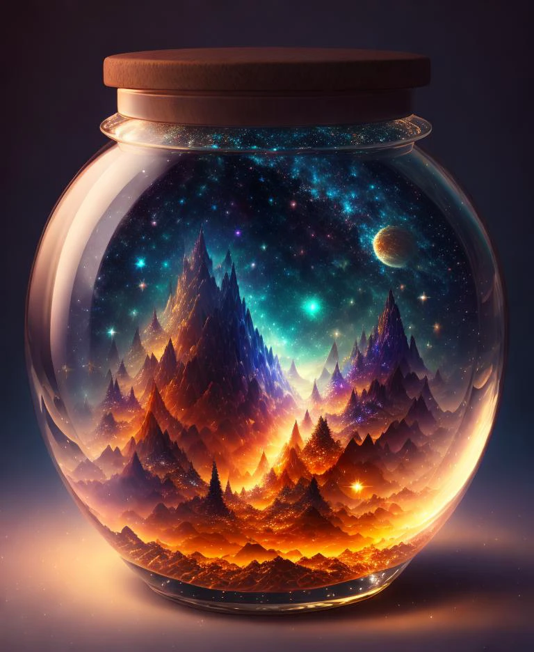 o universo inteiro contido dentro de uma jarra de vidro, super realista, hiper detalhado, iluminação dramática, 4K