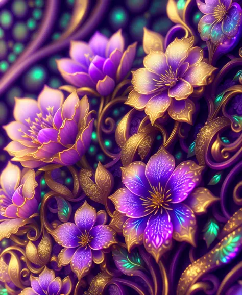 ornate pattern and abstract flowers and vines, gold and iridescent, Southern lights, purple, teal, soft pink, intricate pattern, maya render, maximum detail, UHD, 32k photorealistic, HDR, High octane render