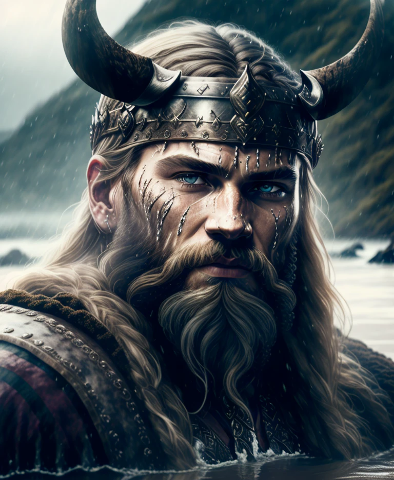 Primer plano de (rey vikingo:1.3) emergiendo del barro negro húmedo