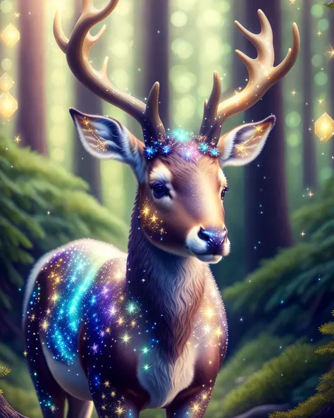 Magic Deer, kawaii, fluffy, sparkling stars bodypaint, dreamy forest, photorealistic painting, sharp focus, 8k, perfect composition, trending on artstation, award-winning photograph, unreal engine 5, cinematic smooth, intricate detail