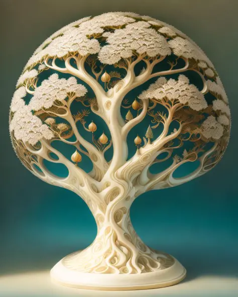 "The Midjourney Multiverse" highly detailed carving on "southern tree" porcelain, partially glazed, woodfired, art gallery