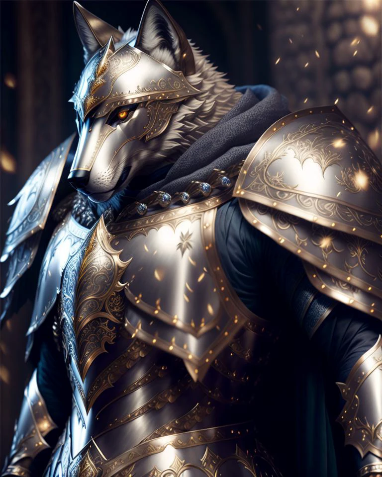 Cavaleiro lobo, armadura finamente detalhada, design intrincado, prata, seda, iluminação cinematográfica, 4K
