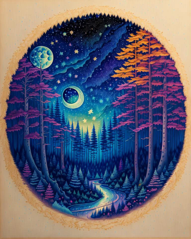 Dibujo de línea de color de un hermoso bosque con el cielo nocturno con la luna y las estrellas, Una pintura altamente realista y detallada.