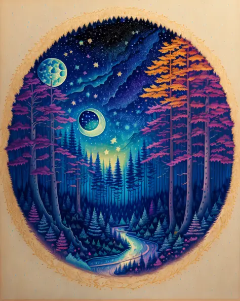 color line drawing of a beautiful forest with the night sky with the moon and the stars, a highly realistic and detailed painting.