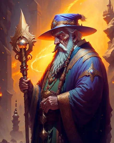 the man is an ancient wizard with a staff that reveals secrets to the universe, artstation hall of fame gallery, editors choice,