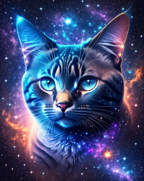 cat face in space, stars, nebula, universe