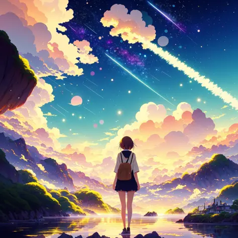 1 girl, eye, close up, beautiful night sky, meteor shower, beyond the clouds, water surrounded, reflections, wide angels, breathtaking clouds, wide angle, by makoto shinkai, thomas kinkade, james gilleard, by holosomnialandscape, hdr, volumetric lighting, ...