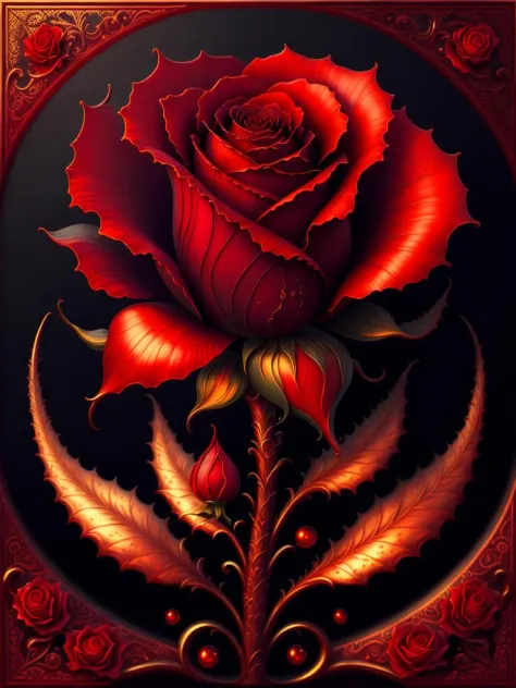 a painting of a red rose on a black background, amazing fantasy art, rich deep colours masterpiece, awe sublime, gold noble, kis...