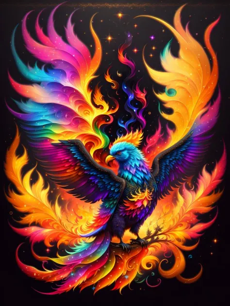 a painting of a colorful bird on a black background, phoenix rising from the ashes, breathtaking render, within radiate connection, inspired by Kinuko Y. Craft, melting into vulpix, magical elements, white eagle icon, wow it is beautiful, casting a multi c...
