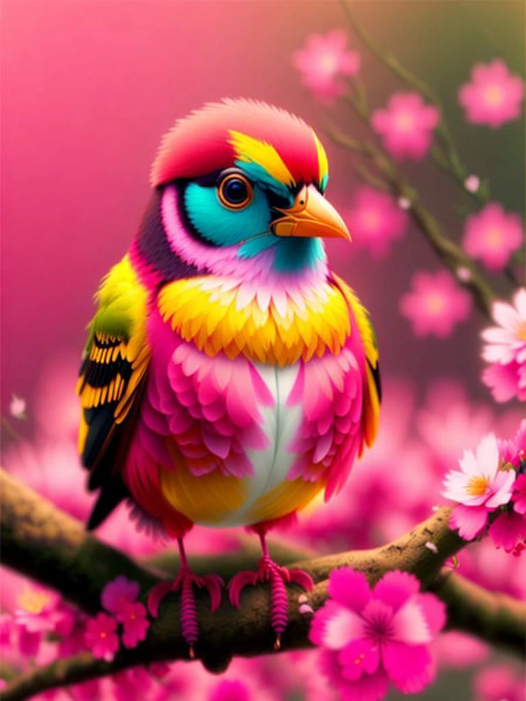 un oiseau posé sur une branche avec des fleurs roses, Images de synthèse, couleurs rouge-jaune, moineaux hyperréalistes, Pinterest, style artistique photoréaliste, en couleur riche, une image générée par l&#39;IA, portrait très détaillé, chanter pour toi, rendu époustouflant
