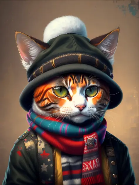 a painting of a cat wearing a hat and scarf, trend in art station, dressed in punk clothing, hyper realistic detailed render, br...