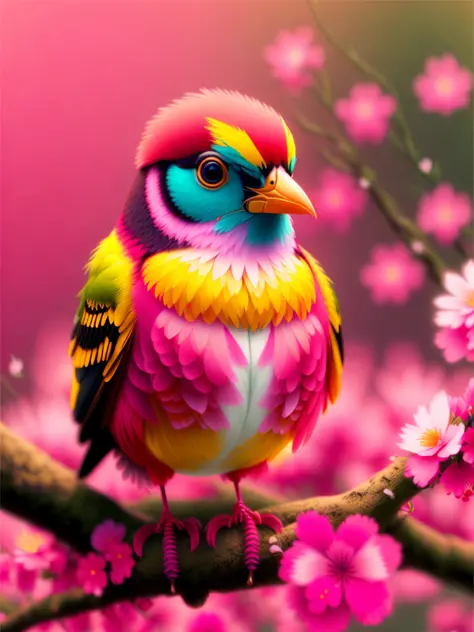 a bird sitting on a branch with pink flowers, cgi art, red-yellow colors, hyperrealistic sparrows, pinterest, photorealistic artstyle, in rich color, an ai generated image, very detailed portrait, singing for you, breathtaking render