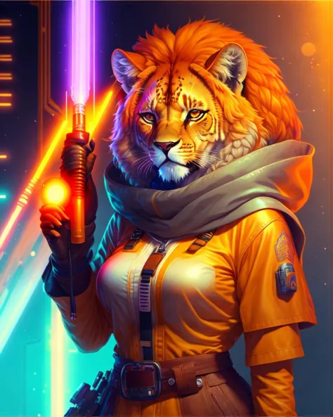 color fun, detailed professional portrait of a female anthropomorphic lioness fursona wearing jedi robes. leather gloves and boots in an action pose with her hands on each other's shoulder behind the character holding lightsaber drawn by don bluth high quality art at 4 k 3 dd realistic render volumetric lighting subsurface scattering shiny skin cyberpunk 2077 colors octane blender cgsociety full body trending conceptartstation very coherent symmetrical