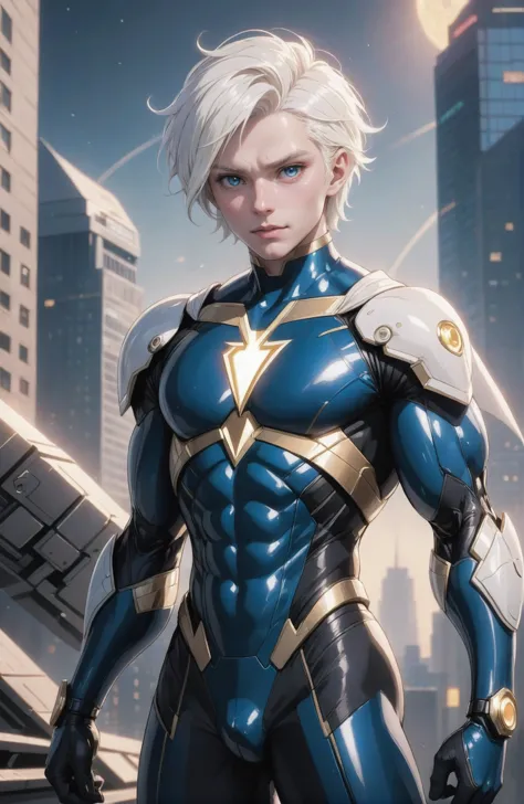 superhero, (full body:1.2), 1boy, man, handsome, solo, [:formal costume design,:0.2] artificer, albino, mediumblue hair, (slim:1.1) build, wonderous,infinite scifi arcology outside of time<lora:EnvyAnimeSuperheroXL01:.7>