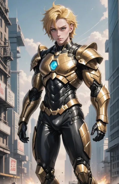 superhero, (full body:1.2), 1boy, man, bishounen, solo, [:creative costume design,:0.2] gunslinger, (fantasy studded leather armor:1.4), chinese, shiny darkgoldenrod hair, (muscular:1) build, infinite scifi megastructure outside of time<lora:EnvyAnimeSuperheroXL01:.7>