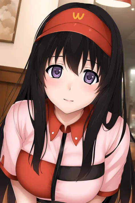 (Night:1.7), in a restaurant,
Standing at attention,
employee uniform,pink and red shirt,Black_Pencil_skirt,
<lora:Miyamoto_Enka_storemanager-KK77-V1:0.7>,red visor cap with W logo,
bangs,black hair,long hair,purple eyes,
1 girl, 20yo,Young female,Beautiful Finger,Beautiful long legs,Beautiful body,Beautiful Nose,Beautiful character design, perfect eyes, perfect face,expressive eyes,
looking at viewer, in the center of the image,(Upper_body),(Focus on her face),
official art,extremely detailed CG unity 8k wallpaper, perfect lighting,Colorful, Bright_Front_face_Lighting,shiny skin,
(masterpiece:1.0),(best_quality:1.0), ultra high res,4K,ultra-detailed,
photography, 8K, HDR, highres, absurdres:1.2, Kodak portra 400, film grain, blurry background, bokeh:1.2, lens flare, (vibrant_color:1.2)
(Beautiful,large_Breasts:1.4), (beautiful_face:1.5),(narrow_waist),