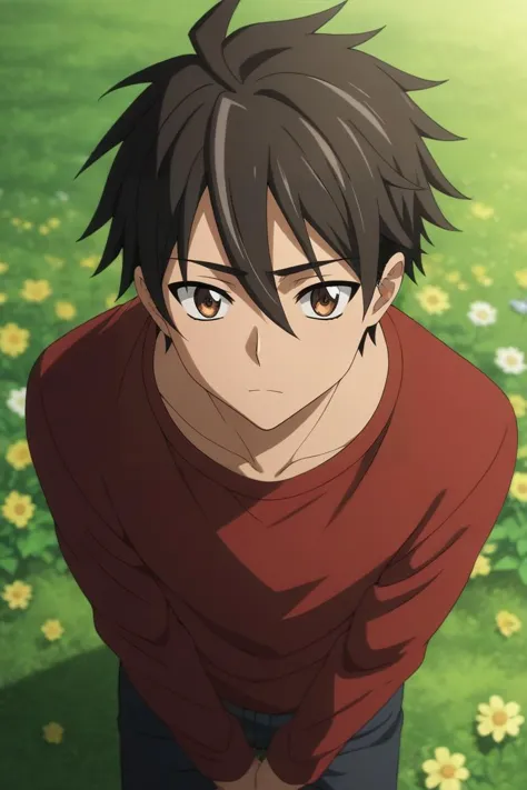 score_9, score_8_up, score_7_up, source_anime, rating_safe, , anime screencap, , , looking at viewer, depth of field, 1boy, solo, male focus, <lora:takashi_komuro_pony:1>, takashi_komuro, black hair, brown eyes, short hair, hair between eyes, from above, full body, flower field, flowers, dawn, own hands together, squinting, , <lora:sdxl_lightning_8step_lora:1>