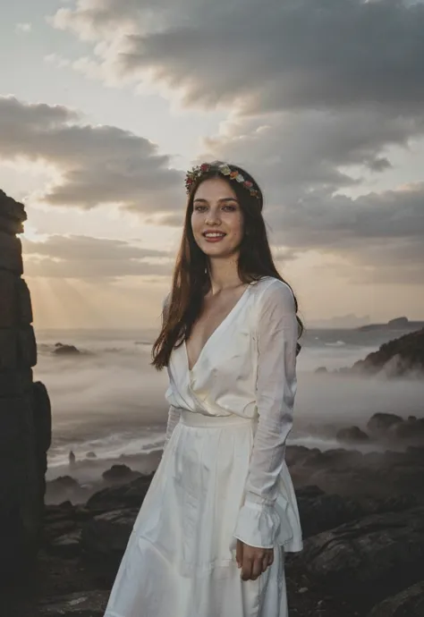 a woman in a white dress standing on a rocky beach