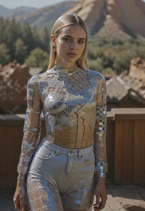 a woman in silver bodysuit standing in front of a mountain