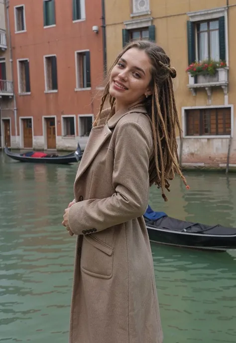 arafed woman in a tan coat standing in front of a canal