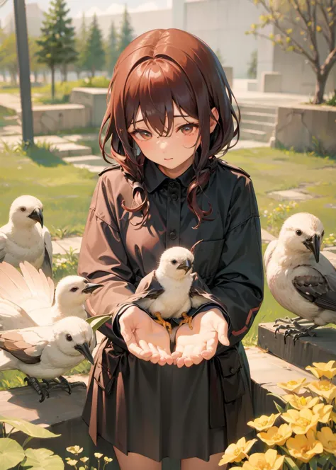 anime girl holding a bird in her hands with many birds around her