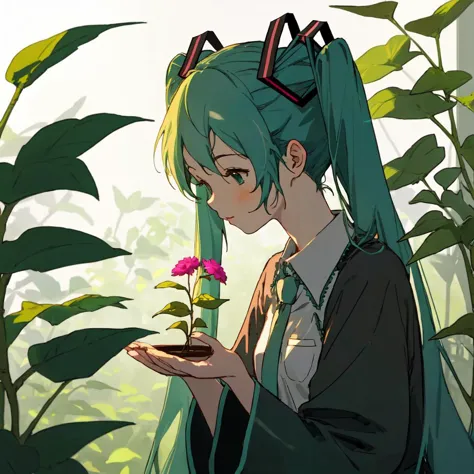 masterpiece, best quality, cupping hands,holding sapling, looking down, hatsune miku, 1girl, teal long hair <lora:cupping hands:0.6>