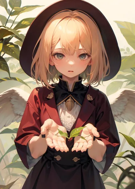 anime girl with a hat and a red coat holding a leaf