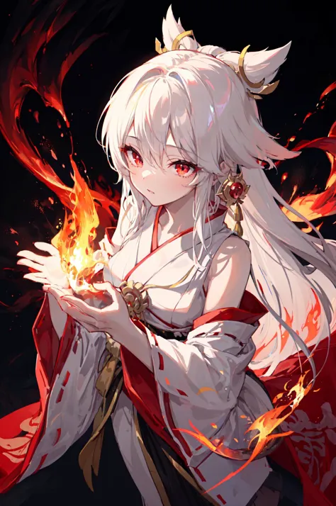 anime girl with white hair and red cape holding a fire