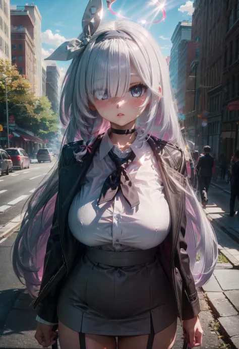 (volumetric lighting, Highres),  <lora:plana_scarxzys:1>  1girl, solo, (masterpiece, best quality), standing, highly detailed background, outdoors, busy, street, blush, parted lips, plana, grey eyes, white hair, bangs, long hair, hair over one eye, single ...