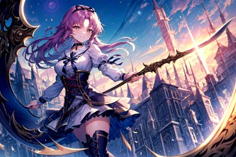 a woman with long hair and a sword in front of a city