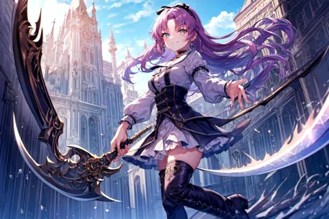 (masterpiece), (best quality), absurdres,(ultra-detailed), (highres), (detailed background),
1girl,standing,elegant ,silhouette, smirk, mischievous, 
(renne_sen), (full body), solo focus, holding a (large_scythe:1.2), hand reaching viewer, medium hair, medium breasts, gothic style, mini skirt, hair ribbon,shirt, long sleeves, white skirt, frill thighhighs, cross-laced boots, cuffs, frill choker,
day, sun light, blue sky, Middle Ages European Building Style, lens flare,  dynamic,
 