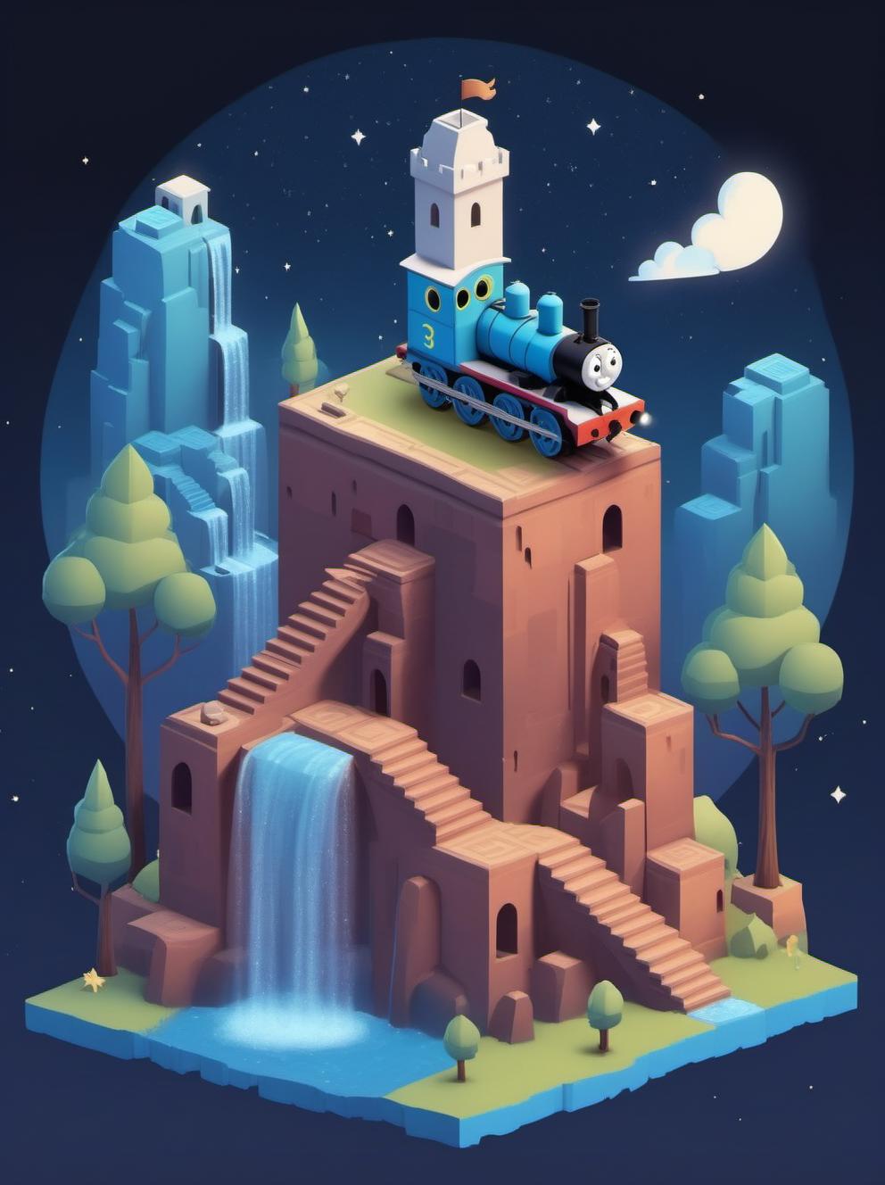 Thomas the train is coming down the hill to the waterfall - SeaArt AI