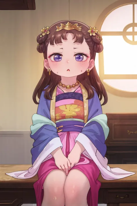 (best quality, masterpiece),lishu, long hair, brown hair, hair ornament, (purple eyes:1.1), tiara, BREAK jewelry, earrings, necklace, chinese clothes, hanfu,looking at viewer, sitting,arms at sides,  <lora:lishu s1-lora-nochekaiser:1>