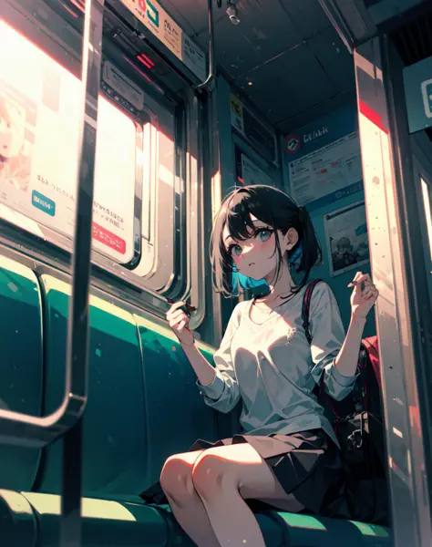 (masterpiece, best quality),1girl sitting on a subway train, looking to the side, subway car door, from below, solo focus  <lora...