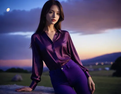 girl, Goldsmith, wearing dark violet Skinny jeans and blouse, at Twilight, split diopter, Masterpiece, Vorticism Art, F/14, (art by Sarah Purser:0.8) , beautiful,dynamicpose