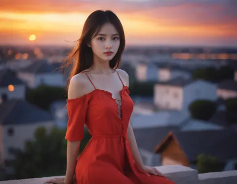 a woman in a red dress sitting on a ledge with a sunset in the background