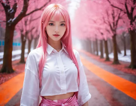 a close up of a person with pink hair and a white shirt