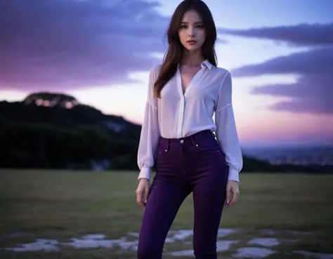 arafed woman in a white shirt and purple pants standing in a field