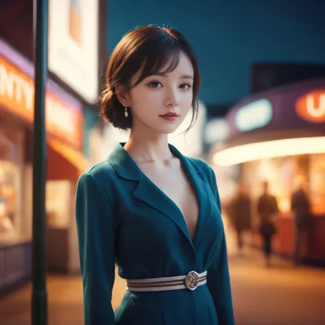 a woman in a green dress standing on a street corner