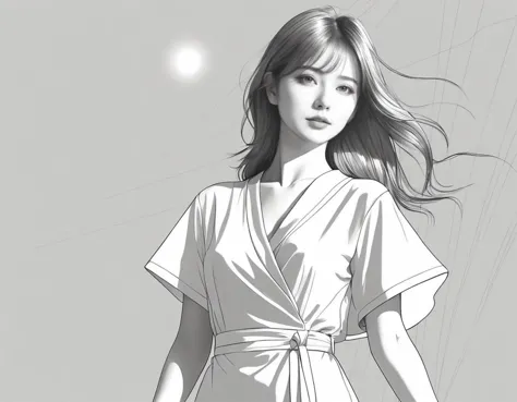 line art drawing girl, Technical illustration, Distinguished Masterpiece Neo-Tokyo Girl, Realistic, Sun Rays, beautiful,dynamicpose . professional, sleek, modern, minimalist, graphic, line art, vector graphics