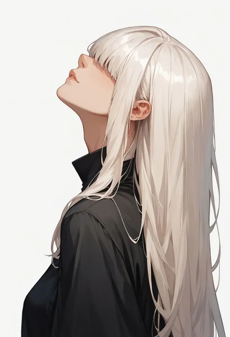 score_9,score_8_up,score_7_up,score_6_up, masterpiece, best quality, white background, black and white, monochrome, hair over eyes, girl, long hair, white hair,  from side, looking up,